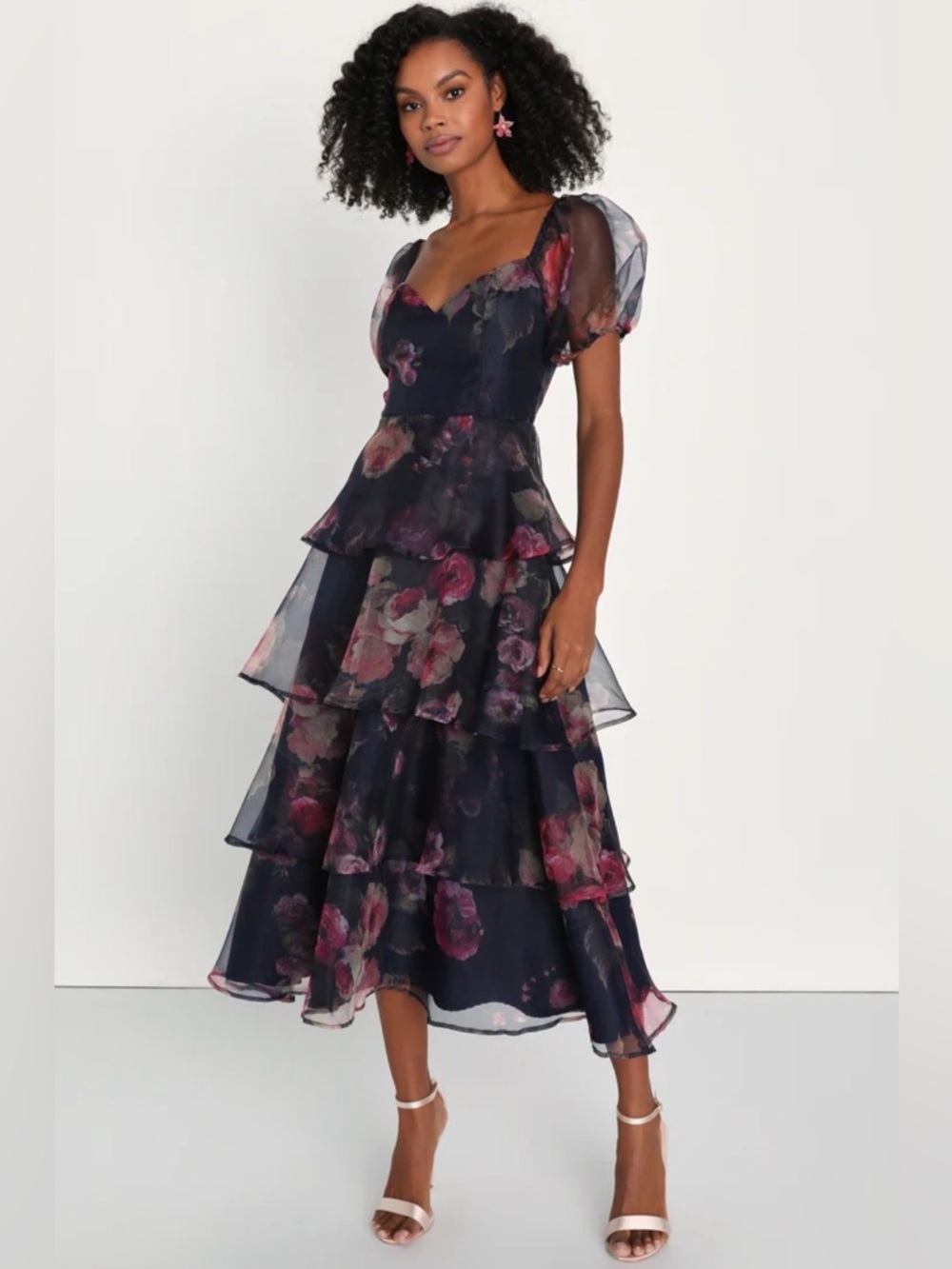 Lulu’s Oh-So Stunning Navy Blue Floral Organza Tiered Midi Dress Small NWT